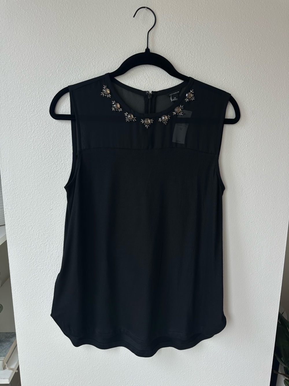 Ann Taylor Sleeveless Black Beaded Mesh Top